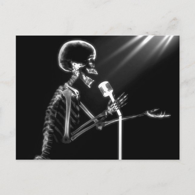 X-RAY SKELETON SINGING ON RETRO MIC - B&W POSTCARD (Front)