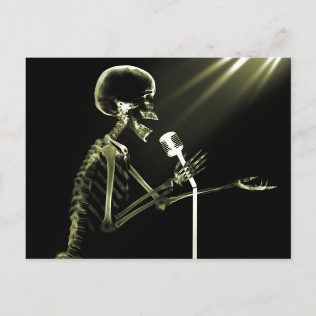 X-RAY SKELETON SINGING ON RETRO MIC - YELLOW POSTCARD (Front)