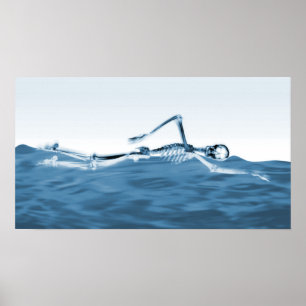 X-Ray Skeleton Swimming in Lake Blue Poster