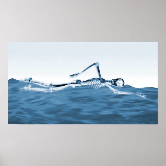 X-Ray Skeleton Swimming in Lake Blue Poster (Front)