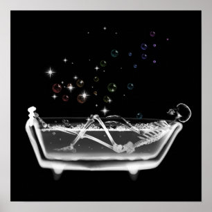 X-Ray Skeleton Taking Bath - B&W Rainbow Poster