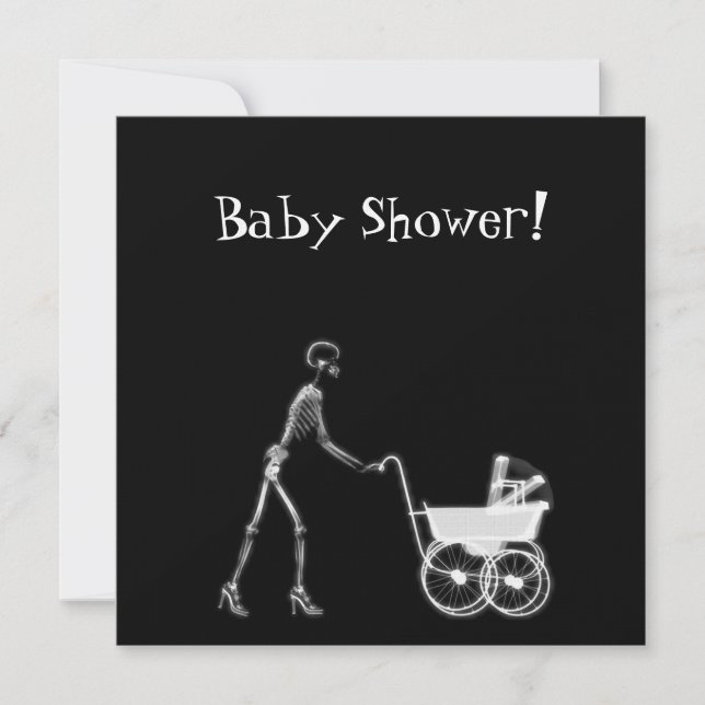 X-RAY SKELETON WOMAN & BABY CARRIAGE - B&W INVITATION (Front)