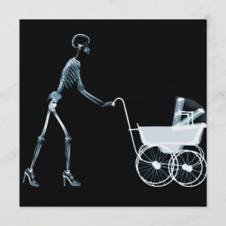 X-RAY SKELETON WOMAN & BABY CARRIAGE - BLUE INVITATION