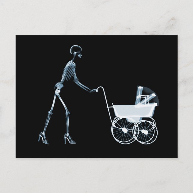 X-RAY SKELETON WOMAN & BABY CARRIAGE - BLUE POSTCARD (Front)