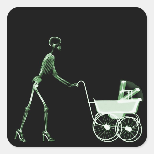 X-RAY SKELETON WOMAN & BABY CARRIAGE - GREEN SQUARE STICKER (Front)