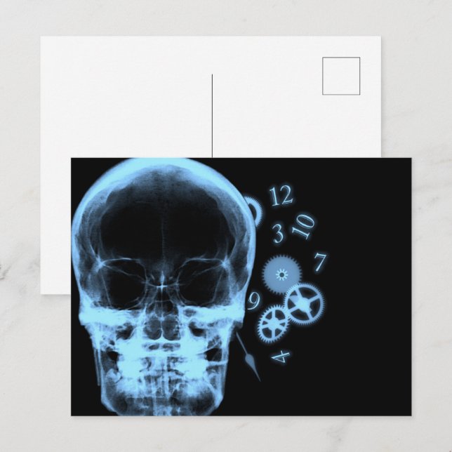 X-Ray Skull & Clock Parts - Blue Postcard (Front/Back)