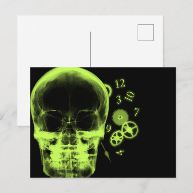 X-Ray Skull & Clock Parts - Lime Green Postcard (Front/Back)