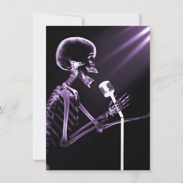 X-RAY VISION SKELETON SINGING ON RETRO MIC PURPLE INVITATION (Front)