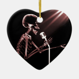 X-RAY VISION SKELETON SINGING ON RETRO MIC - RED CERAMIC ORNAMENT