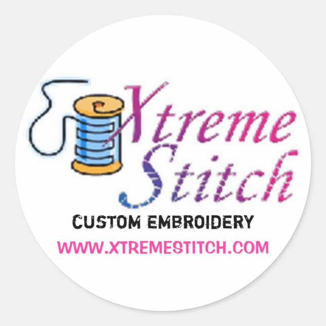 x stitch, custom embroidery, WWW.XTREMESTITCH.COM Classic Round Sticker (Front)
