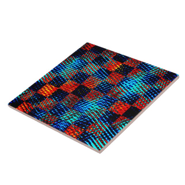 Xadrez laranja, azul, fake sujo ou manchado. ceramic tile (Side)