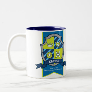 Xavier letter X crest blue green name meaning Two-Tone Coffee Mug