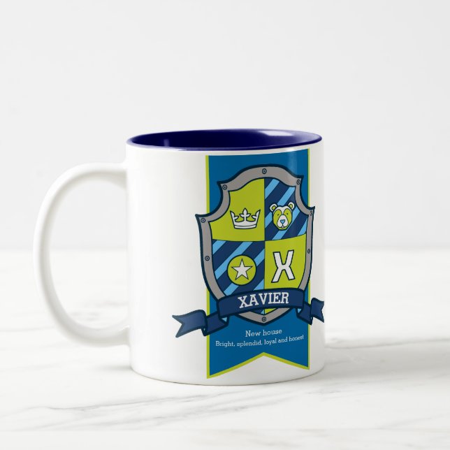 Xavier letter X crest blue green name meaning Two-Tone Coffee Mug (Left)