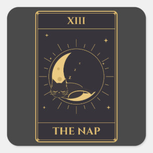 XIII The Nap Tarot Card: Black Cat Sleeping on the Square Sticker