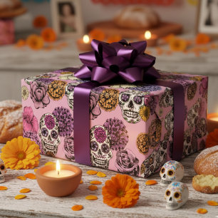 XL Colorful Handdrawn Mexican Sugar Skulls Flowers Wrapping Paper