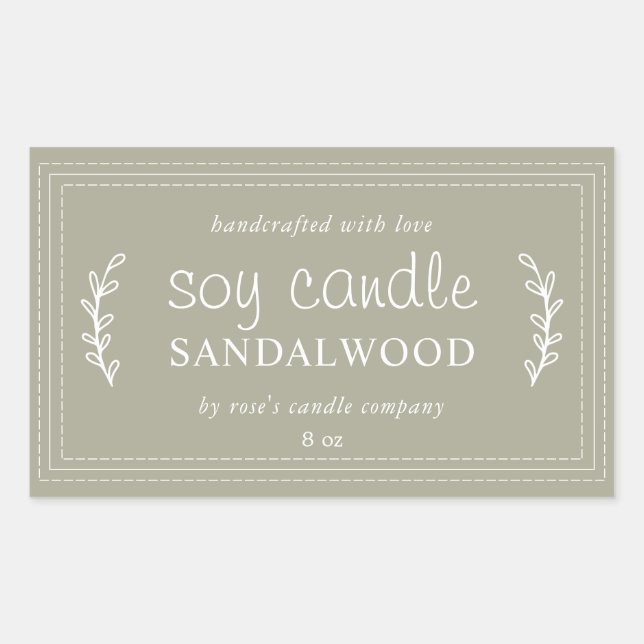 XL Homemade Soy Candle Foliage Moss Grey Custom Rectangular Sticker (Front)