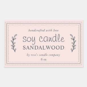 XL Homemade Soy Candle Foliage Pastel Pink Custom Rectangular Sticker