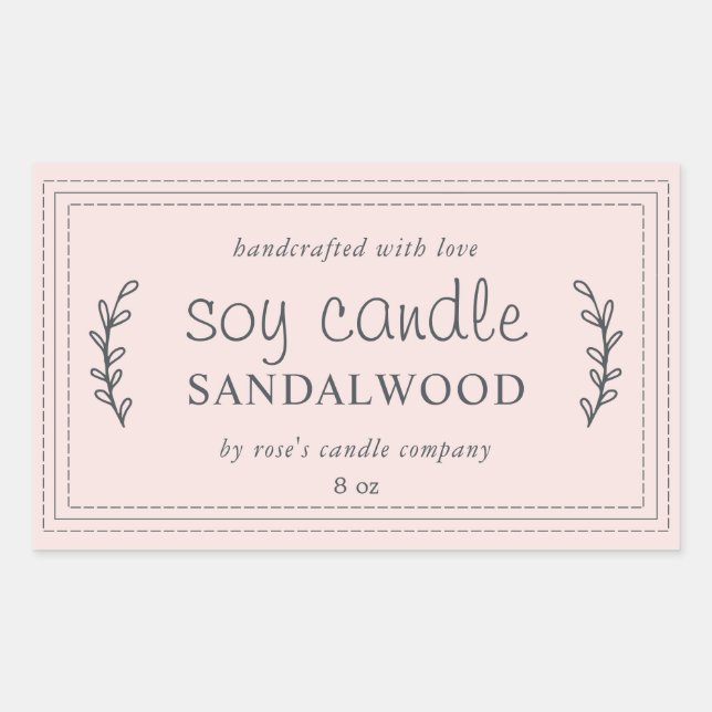 XL Homemade Soy Candle Foliage Pastel Pink Custom Rectangular Sticker (Front)