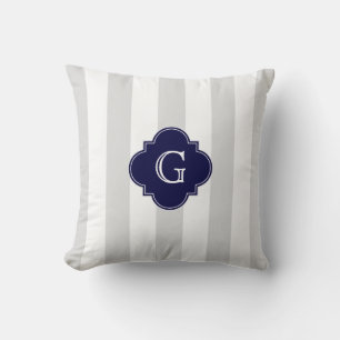 XL Lt Grey White Stripes Navy Quatrefoil Monogram Cushion