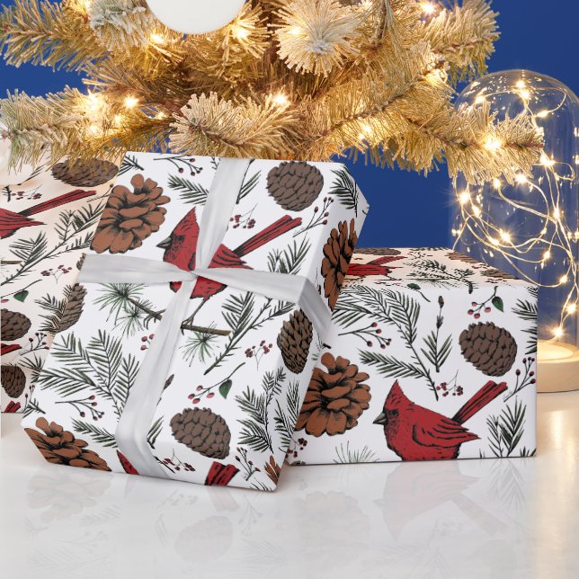 XL Winter Perched Red Cardinal & Pine Cones Wrapping Paper (Holidays)