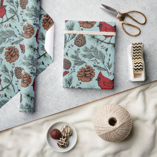 XL Winter Perched Red Cardinal & Pine Cones Wrapping Paper (Crafts)