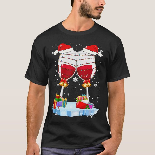 Xmas 2 Wine Glasses  Xmas Light Santa Hat Wine Dri T-Shirt (Front)