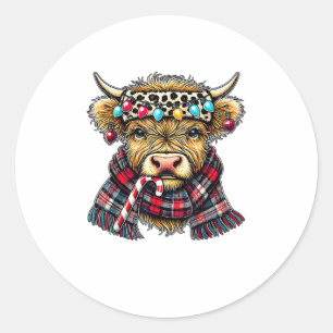 xmas amazing highland cow christmas light _1 classic round sticker