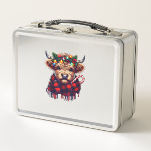 xmas amazing highland cow christmas light  metal lunch box