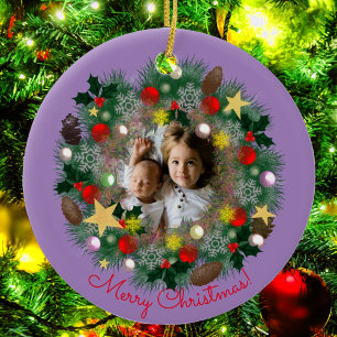 Xmas and New Year greetings, photo in a wreath Ceramic Ornament