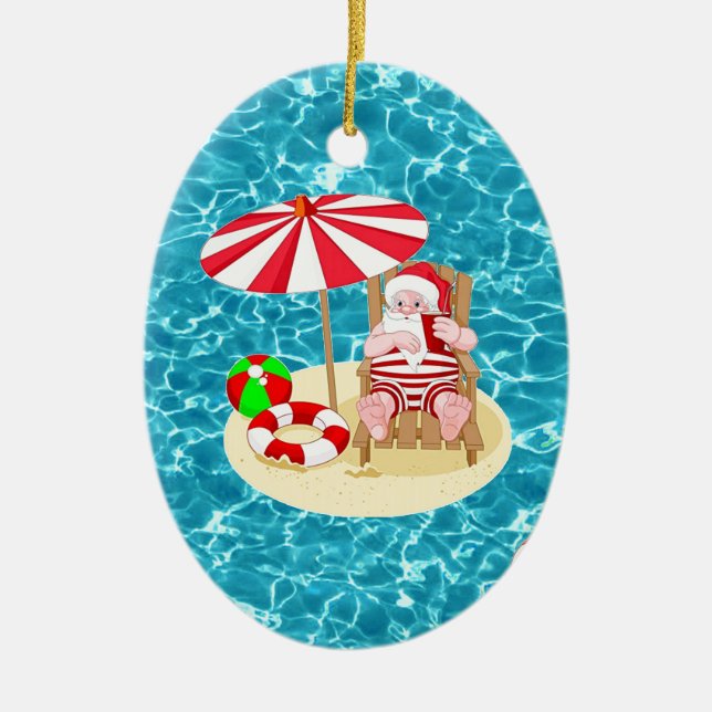 xmas beach santa claus ceramic ornament (Front)