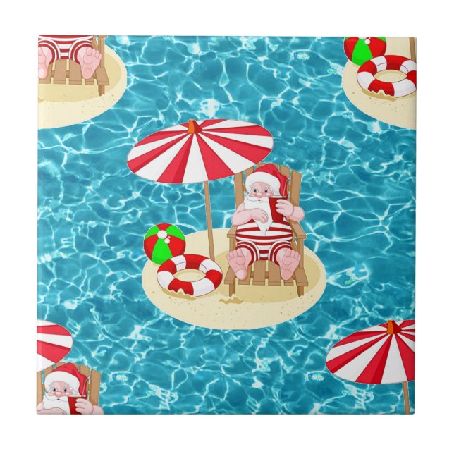 xmas beach santa claus ceramic tile (Front)