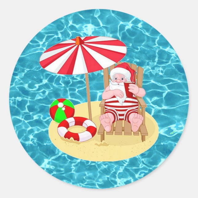 xmas beach santa claus classic round sticker (Front)