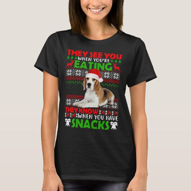Xmas Beagle Hat Santa They See You When You Re Eat T-Shirt (Front)