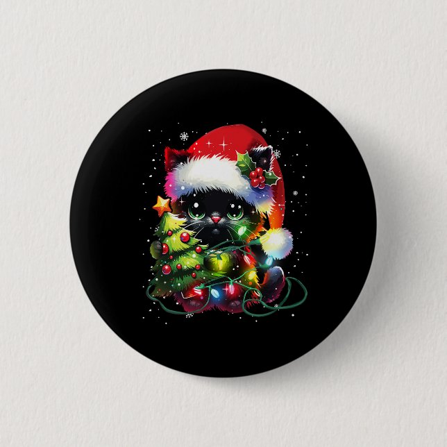 Xmas Black Cat Santa Hat Tangled Up In Christmas T 6 Cm Round Badge (Front)