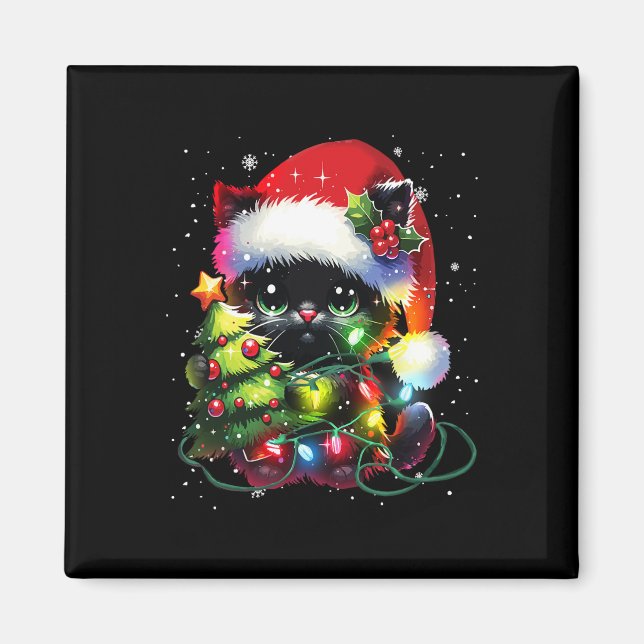 Xmas Black Cat Santa Hat Tangled Up In Christmas T Magnet (Front)