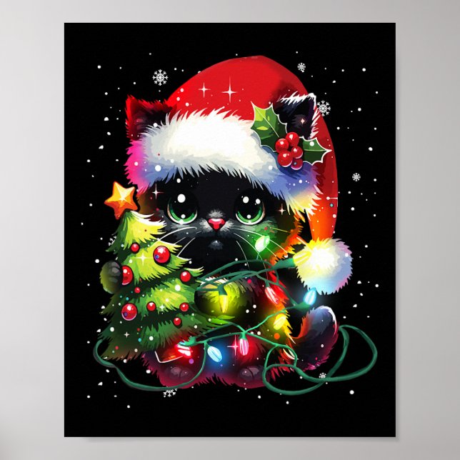 Xmas Black Cat Santa Hat Tangled Up In Christmas T Poster (Front)