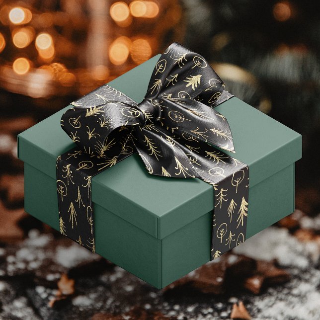 Xmas Black Gold Foil Winter Scene Satin Ribbon (Creator Uploaded)