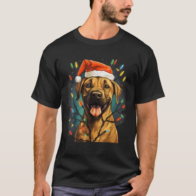 Xmas Black Mouth Cur Dog Tangled Christmas Lights  T-Shirt (Front)