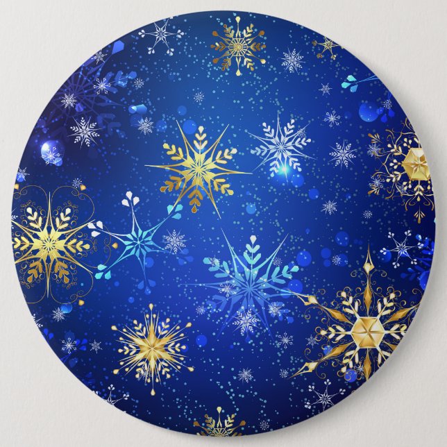 XMAS Blue Background with Golden Snowflakes 6 Cm Round Badge (Front)