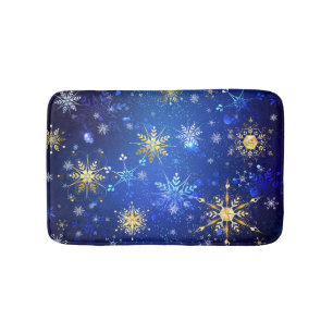 XMAS Blue Background with Golden Snowflakes Bath Mat