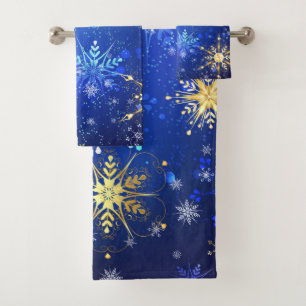 XMAS Blue Background with Golden Snowflakes Bath Towel Set