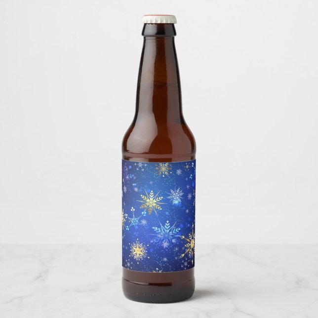 XMAS Blue Background with Golden Snowflakes Beer Bottle Label (Front)