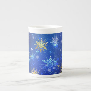 XMAS Blue Background with Golden Snowflakes Bone China Mug