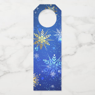 XMAS Blue Background with Golden Snowflakes Bottle Tag