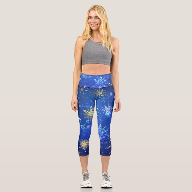 XMAS Blue Background with Golden Snowflakes Capri Leggings (Front)