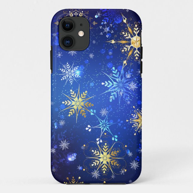 XMAS Blue Background with Golden Snowflakes Case-Mate iPhone Case (Back)
