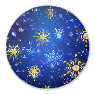 XMAS Blue Background with Golden Snowflakes Ceramic Knob