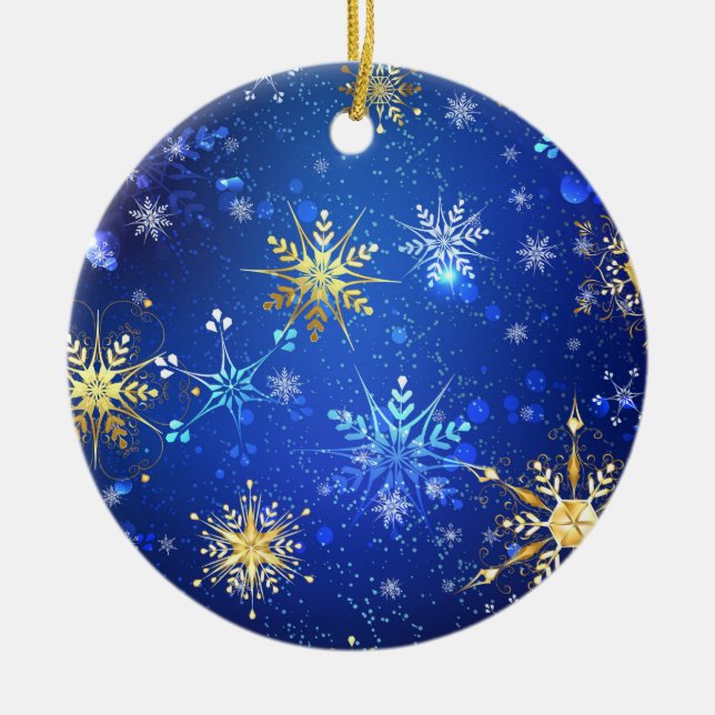 XMAS Blue Background with Golden Snowflakes Ceramic Ornament (Front)