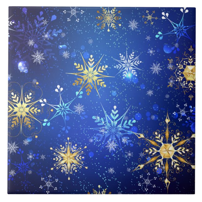 XMAS Blue Background with Golden Snowflakes Ceramic Tile (Front)