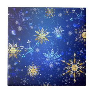 XMAS Blue Background with Golden Snowflakes Ceramic Tile